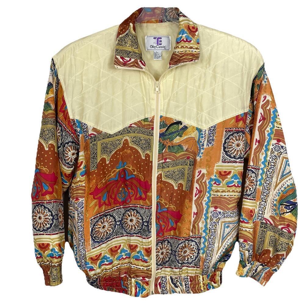 Vintage Oleg Cassini Silk Bomber Jacket Women's Large 80s 90s Abstract Quilted